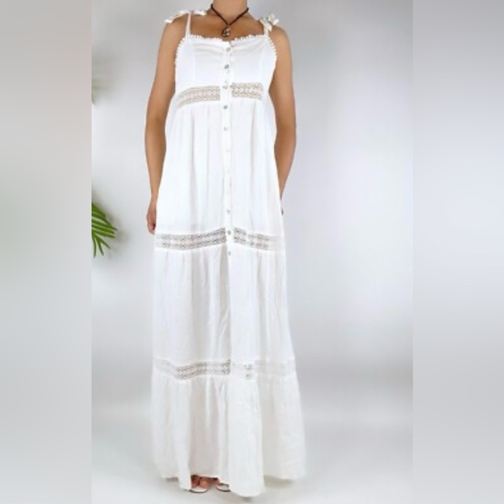 Forever 21 White Lace-Panel Button-Front Maxi Dress